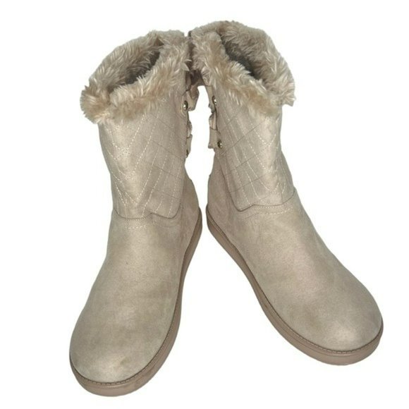 Guess Allyse Sand Logo Bow Suede Faux Fur Mid Calf Winter Boots Size 9M - Picture 6 of 16